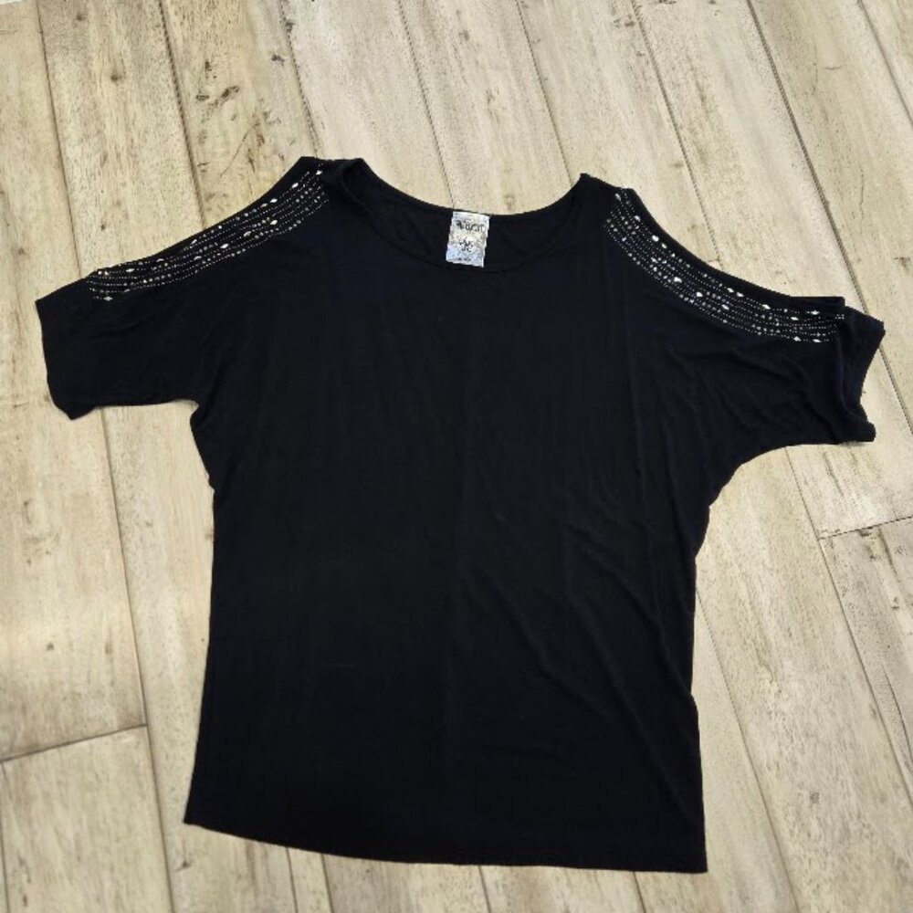 Vocal Black Studded Cold Shoulder Shirt SZ S